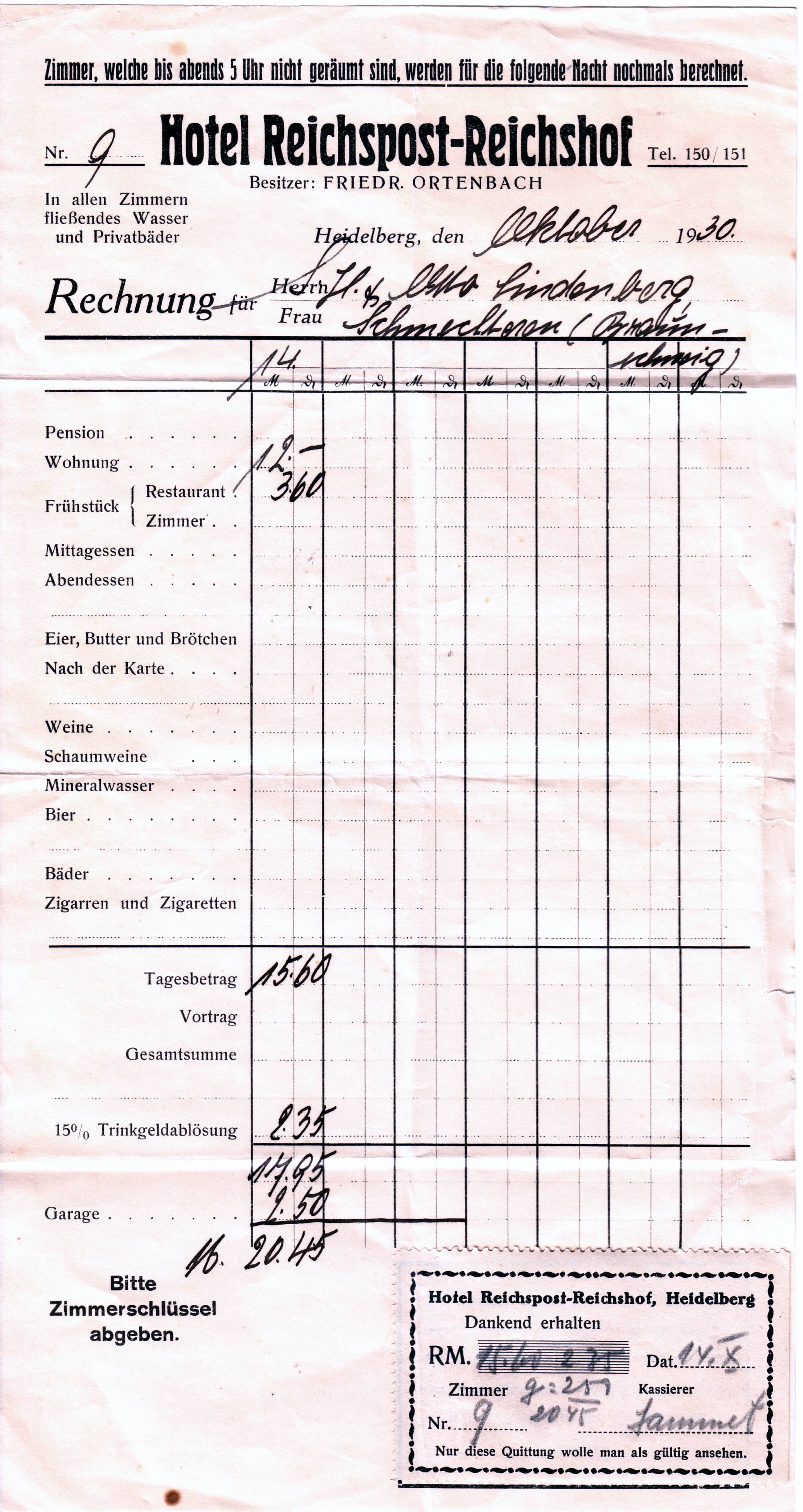 Hotel Reichspost - Zimmerrechnung 1930