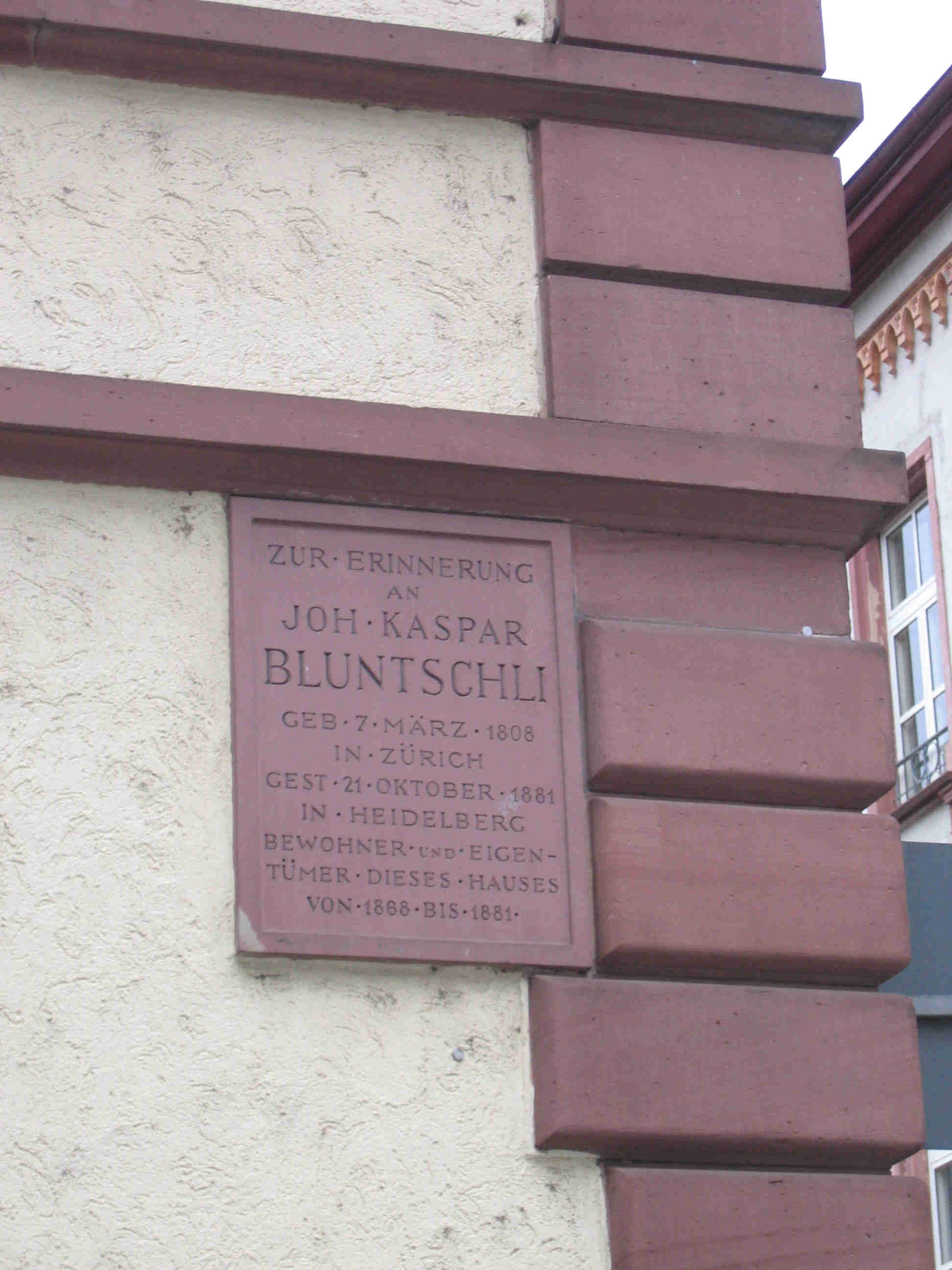 Johann Caspar Bluntschli: Wohnhaus Tafel